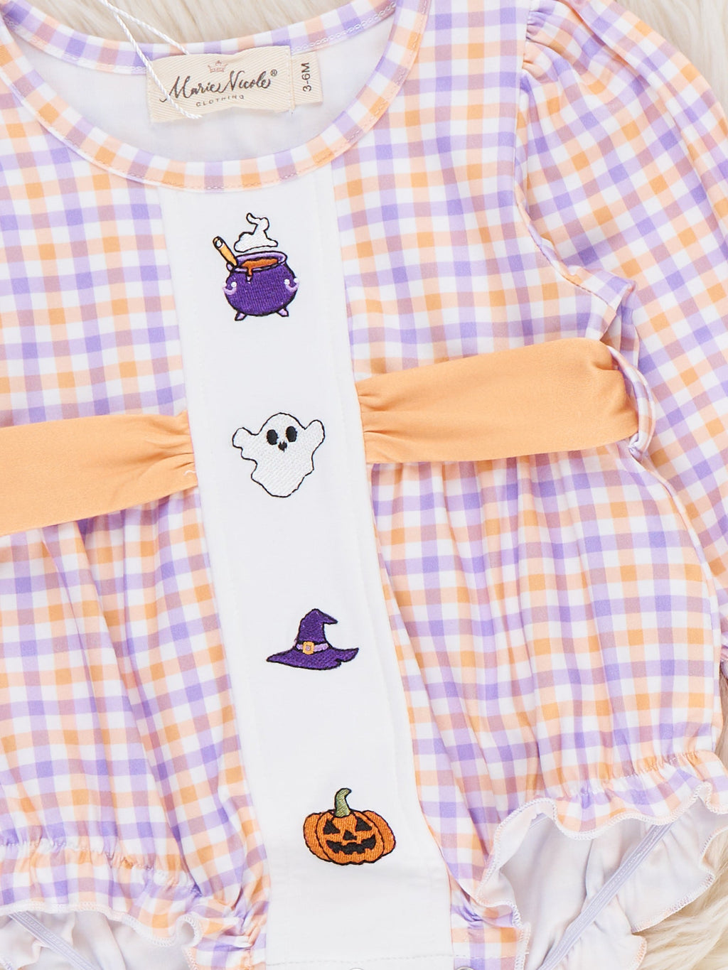 Haunted Halloween Plaid Embroidered Ruffle Bubble Romper