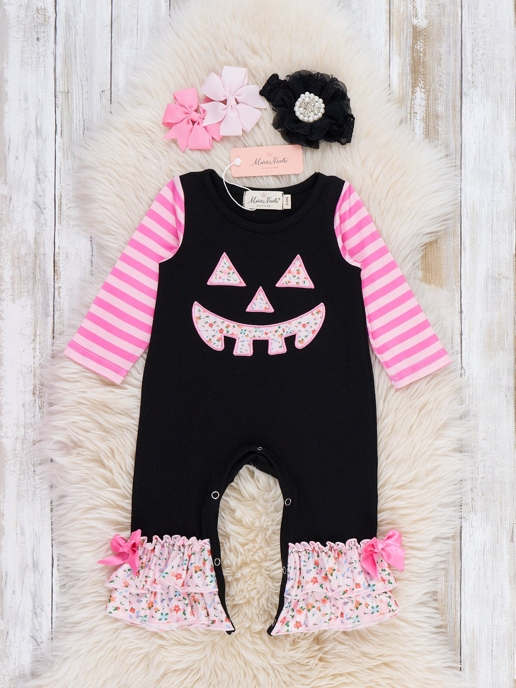 Jack-o-Lantern Darling Embroidered Striped Ruffle Romper