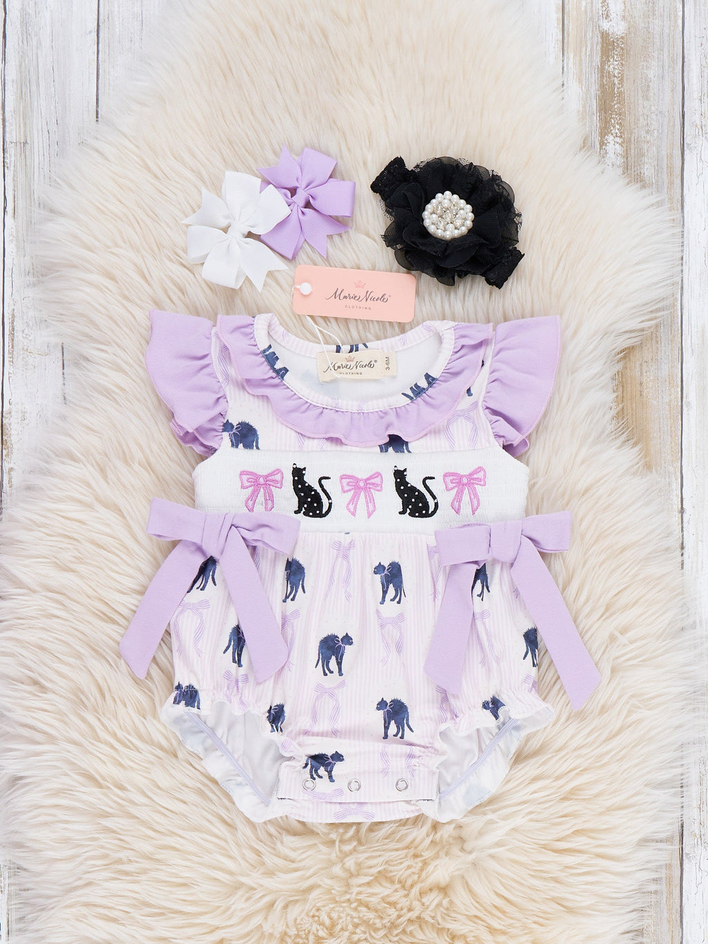 Halloween Whiskers Black Cat Embroidered Ruffle Romper